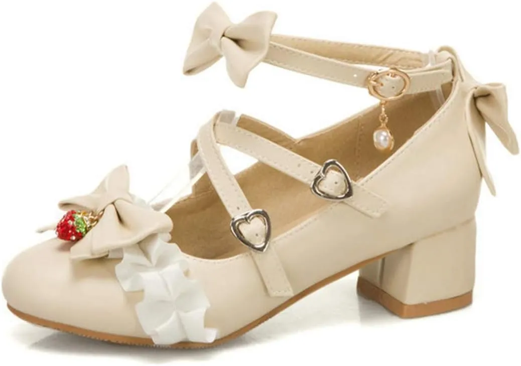 VOKLIN Women's Girls Lolita Mary Jane Shoes Sweet Bow Cross Ankle Strap Low Heel Princess Oxford Dress Pumps