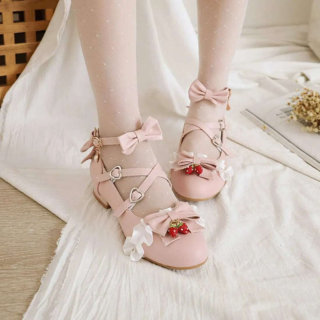 VOKLIN Women's Girls Lolita Mary Jane Shoes Sweet Bow Cross Ankle Strap Low Heel Princess Oxford Dress Pumps