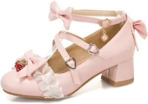 VOKLIN Women's Girls Lolita Mary Jane Shoes Sweet Bow Cross Ankle Strap Low Heel Princess Oxford Dress Pumps
