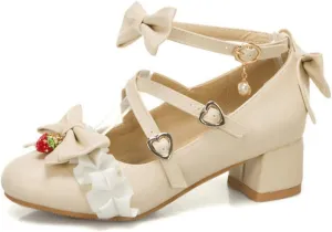 VOKLIN Women's Girls Lolita Mary Jane Shoes Sweet Bow Cross Ankle Strap Low Heel Princess Oxford Dress Pumps