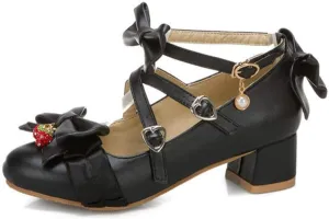 VOKLIN Women's Girls Lolita Mary Jane Shoes Sweet Bow Cross Ankle Strap Low Heel Princess Oxford Dress Pumps