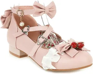 VOKLIN Women's Girls Lolita Mary Jane Shoes Sweet Bow Cross Ankle Strap Low Heel Princess Oxford Dress Pumps