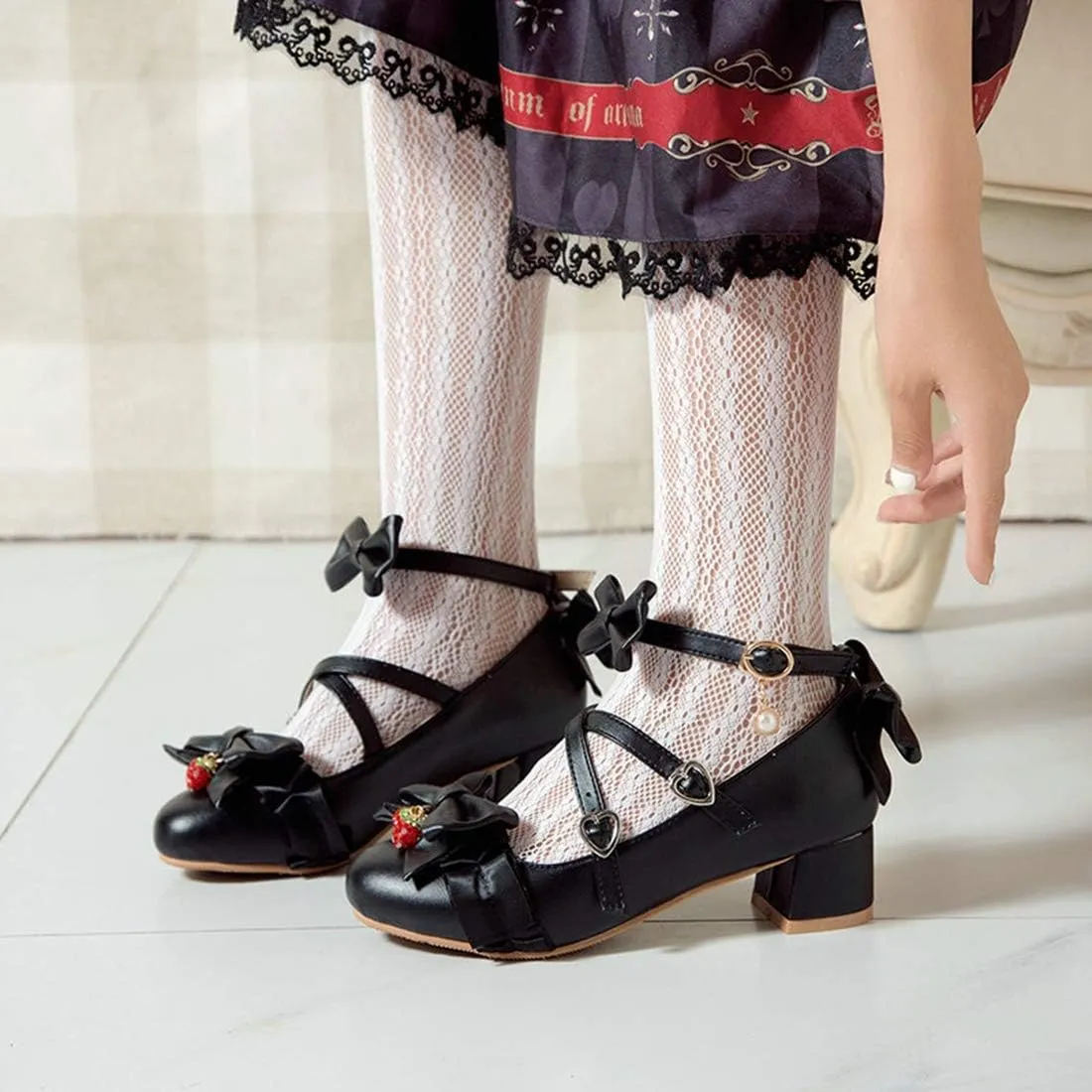 VOKLIN Women's Girls Lolita Mary Jane Shoes Sweet Bow Cross Ankle Strap Low Heel Princess Oxford Dress Pumps