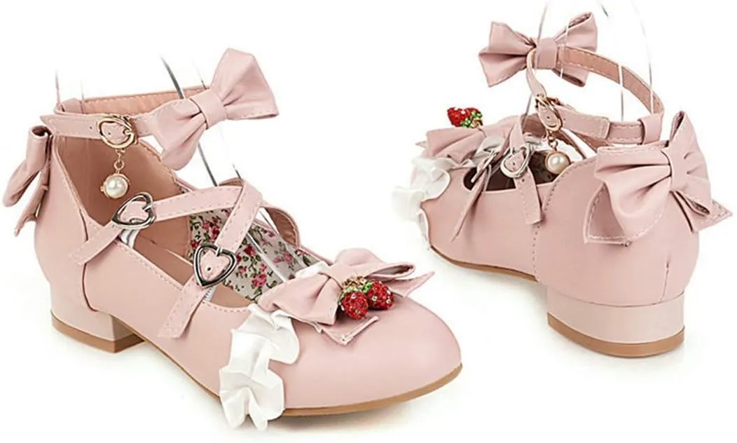 VOKLIN Women's Girls Lolita Mary Jane Shoes Sweet Bow Cross Ankle Strap Low Heel Princess Oxford Dress Pumps