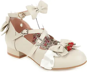 VOKLIN Women's Girls Lolita Mary Jane Shoes Sweet Bow Cross Ankle Strap Low Heel Princess Oxford Dress Pumps