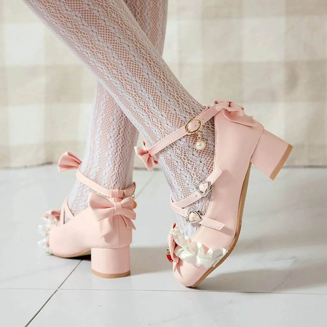 VOKLIN Women's Girls Lolita Mary Jane Shoes Sweet Bow Cross Ankle Strap Low Heel Princess Oxford Dress Pumps