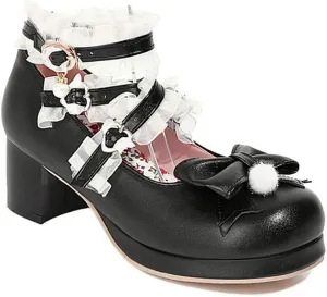VOKLIN Women's Girls Lolita Mary Jane Shoes Sweet Bow Cross Ankle Strap Mid Heel Cosplay Oxford Dress Pumps
