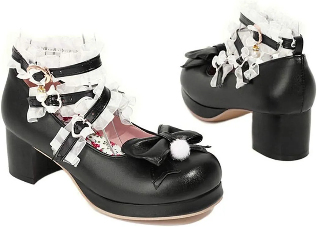 VOKLIN Women's Girls Lolita Mary Jane Shoes Sweet Bow Cross Ankle Strap Mid Heel Cosplay Oxford Dress Pumps