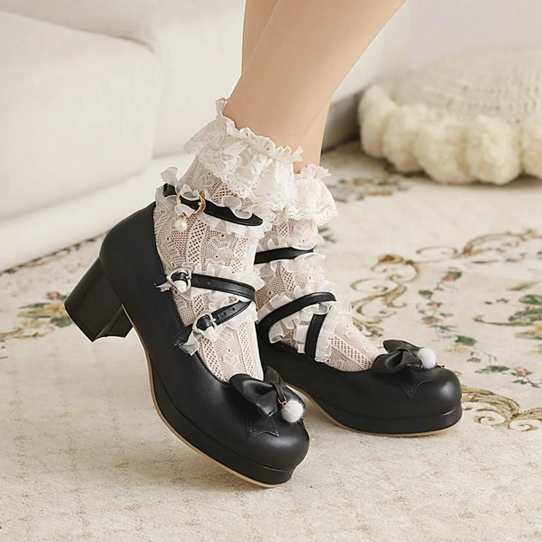 VOKLIN Women's Girls Lolita Mary Jane Shoes Sweet Bow Cross Ankle Strap Mid Heel Cosplay Oxford Dress Pumps