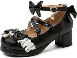VOKLIN Women's Girls Lolita Mary Jane Shoes Sweet Bow Cross Ankle Strap Mid Heels Cosplay Oxford Dress Pumps