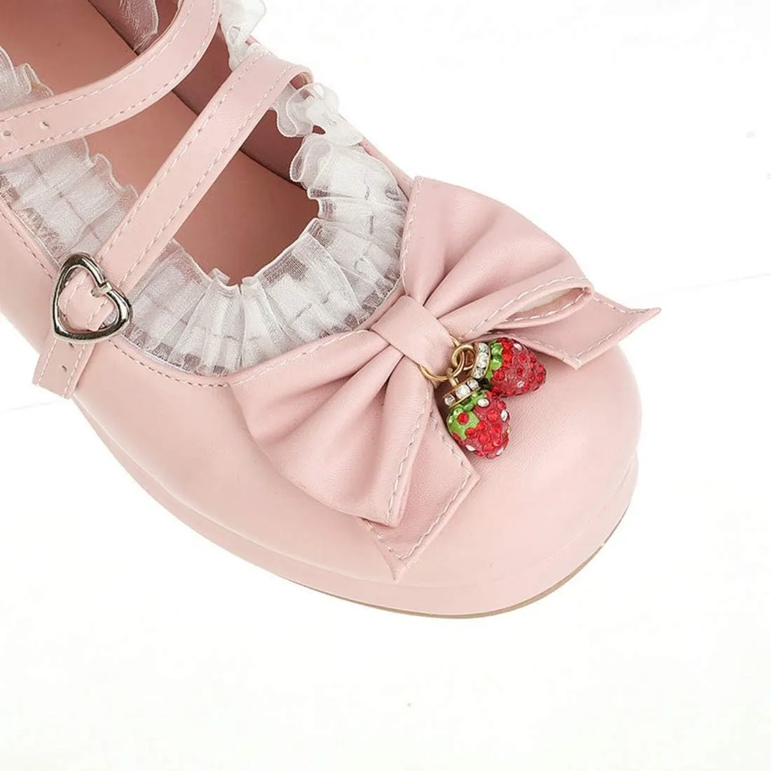 VOKLIN Women's Girls Lolita Mary Jane Shoes Sweet Bow Lace Ankle Strap Mid Heel Cosplay Oxford Dress Pumps