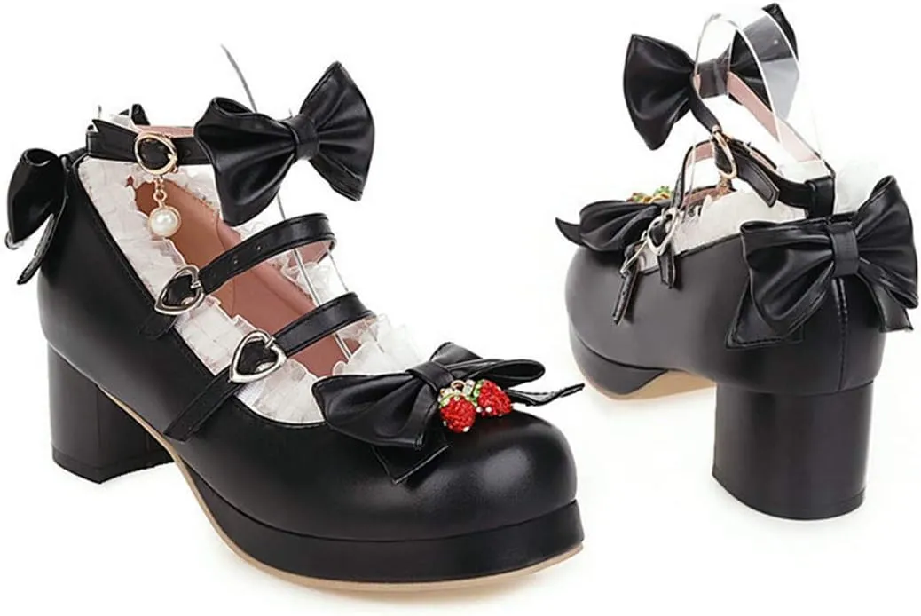 VOKLIN Women's Girls Lolita Mary Jane Shoes Sweet Bow Lace Ankle Strap Mid Heel Cosplay Oxford Dress Pumps