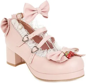 VOKLIN Women's Girls Lolita Mary Jane Shoes Sweet Bow Lace Ankle Strap Mid Heel Cosplay Oxford Dress Pumps