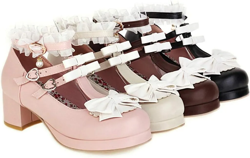 VOKLIN Women's Girls Lolita Mary Jane Shoes Sweet Bow Lace Ankle Strap Mid Heel Cosplay Oxford Dress Pumps