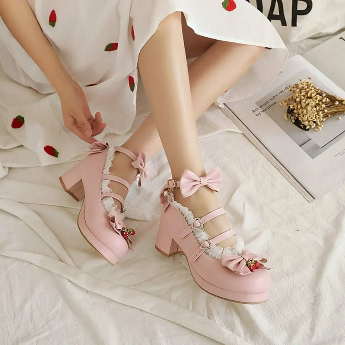 VOKLIN Women's Girls Lolita Mary Jane Shoes Sweet Bow Lace Ankle Strap Mid Heel Cosplay Oxford Dress Pumps
