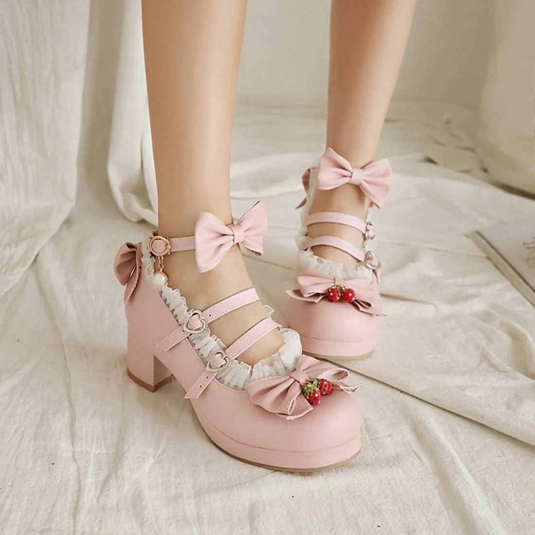 VOKLIN Women's Girls Lolita Mary Jane Shoes Sweet Bow Lace Ankle Strap Mid Heel Cosplay Oxford Dress Pumps