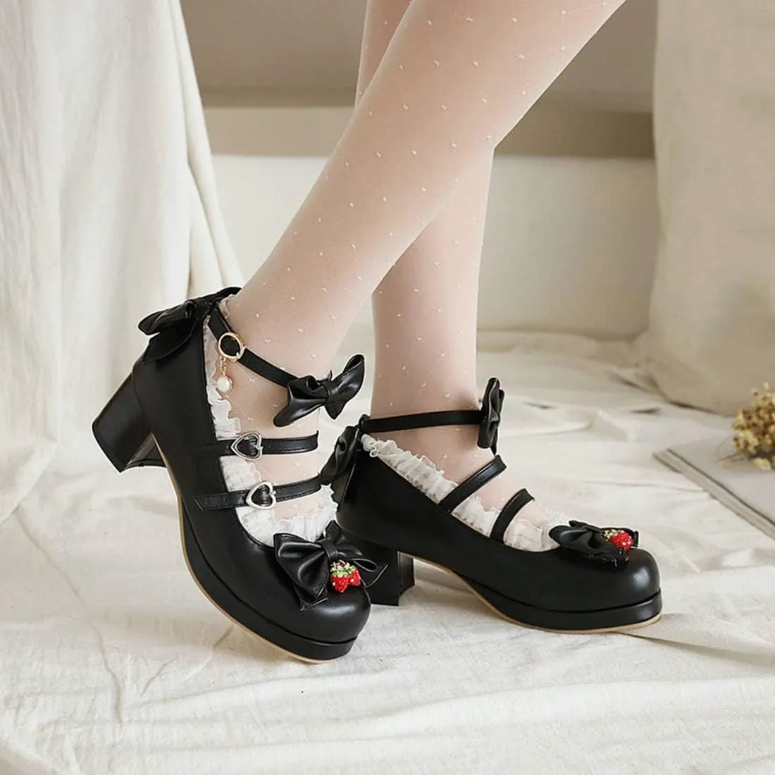 VOKLIN Women's Girls Lolita Mary Jane Shoes Sweet Bow Lace Ankle Strap Mid Heel Cosplay Oxford Dress Pumps