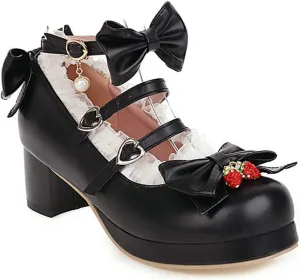 VOKLIN Women's Girls Lolita Mary Jane Shoes Sweet Bow Lace Ankle Strap Mid Heel Cosplay Oxford Dress Pumps