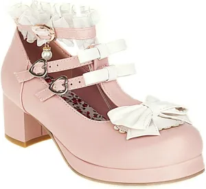 VOKLIN Women's Girls Lolita Mary Jane Shoes Sweet Bow Lace Ankle Strap Mid Heel Cosplay Oxford Dress Pumps