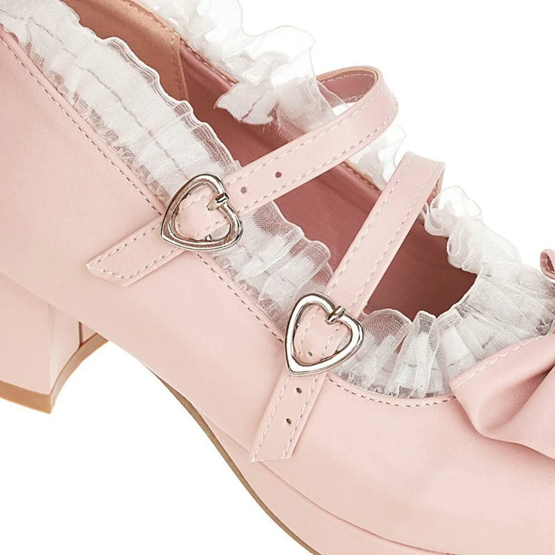 VOKLIN Women's Girls Lolita Mary Jane Shoes Sweet Bow Lace Ankle Strap Mid Heel Cosplay Oxford Dress Pumps