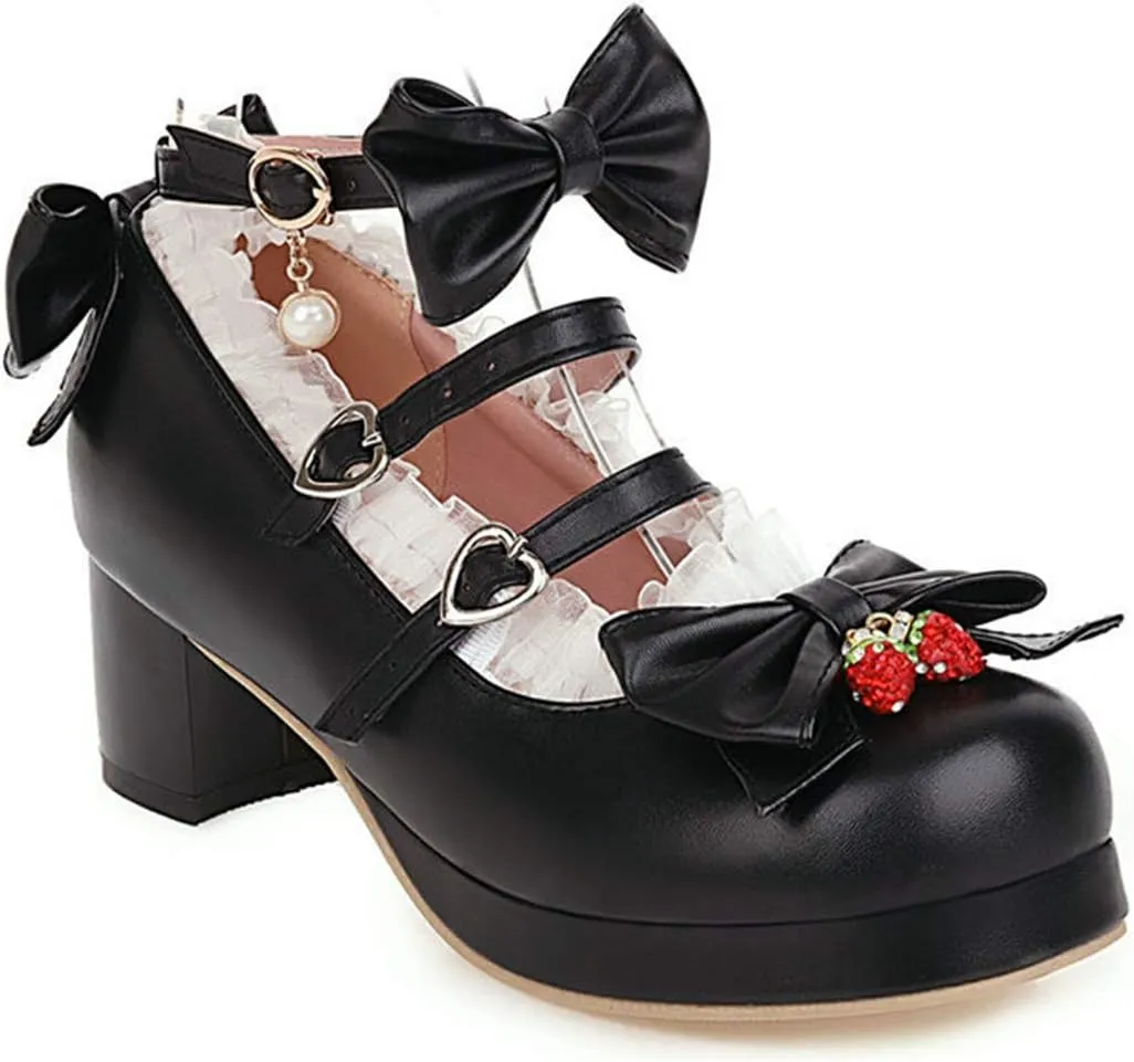 VOKLIN Women's Girls Lolita Mary Jane Shoes Sweet Bow Lace Ankle Strap Mid Heel Cosplay Oxford Dress Pumps