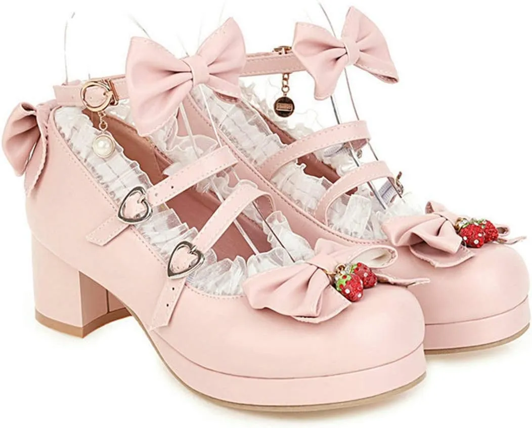 VOKLIN Women's Girls Lolita Mary Jane Shoes Sweet Bow Lace Ankle Strap Mid Heel Cosplay Oxford Dress Pumps