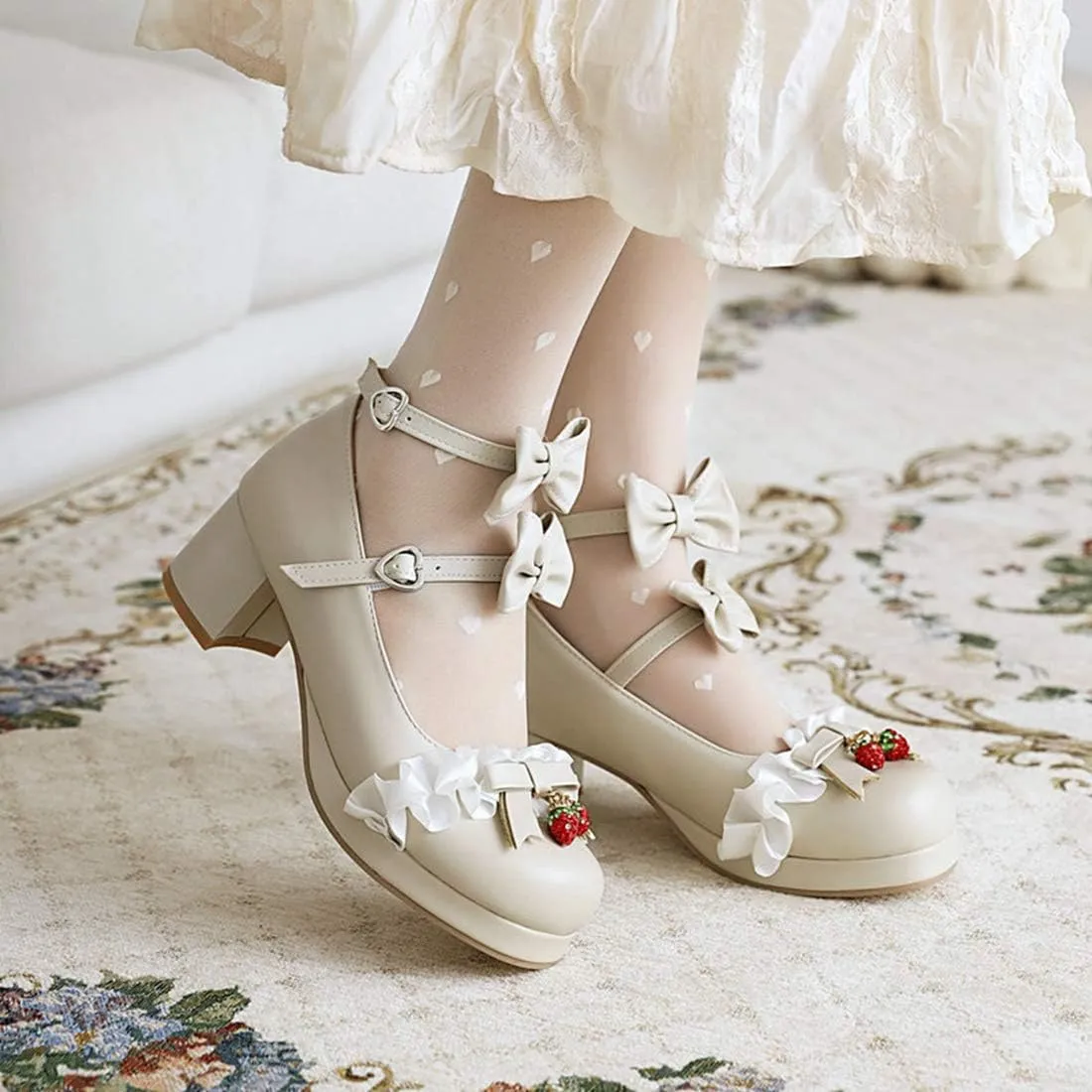 VOKLIN Women's Girls Lolita Mary Jane Shoes with Bow Ankle Strap Mid Heel Cosplay Princess Oxford Dress Pumps