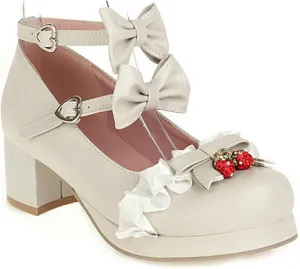 VOKLIN Women's Girls Lolita Mary Jane Shoes with Bow Ankle Strap Mid Heel Cosplay Princess Oxford Dress Pumps