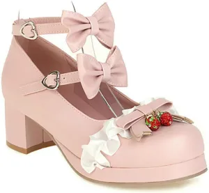 VOKLIN Women's Girls Lolita Mary Jane Shoes with Bow Ankle Strap Mid Heel Cosplay Princess Oxford Dress Pumps