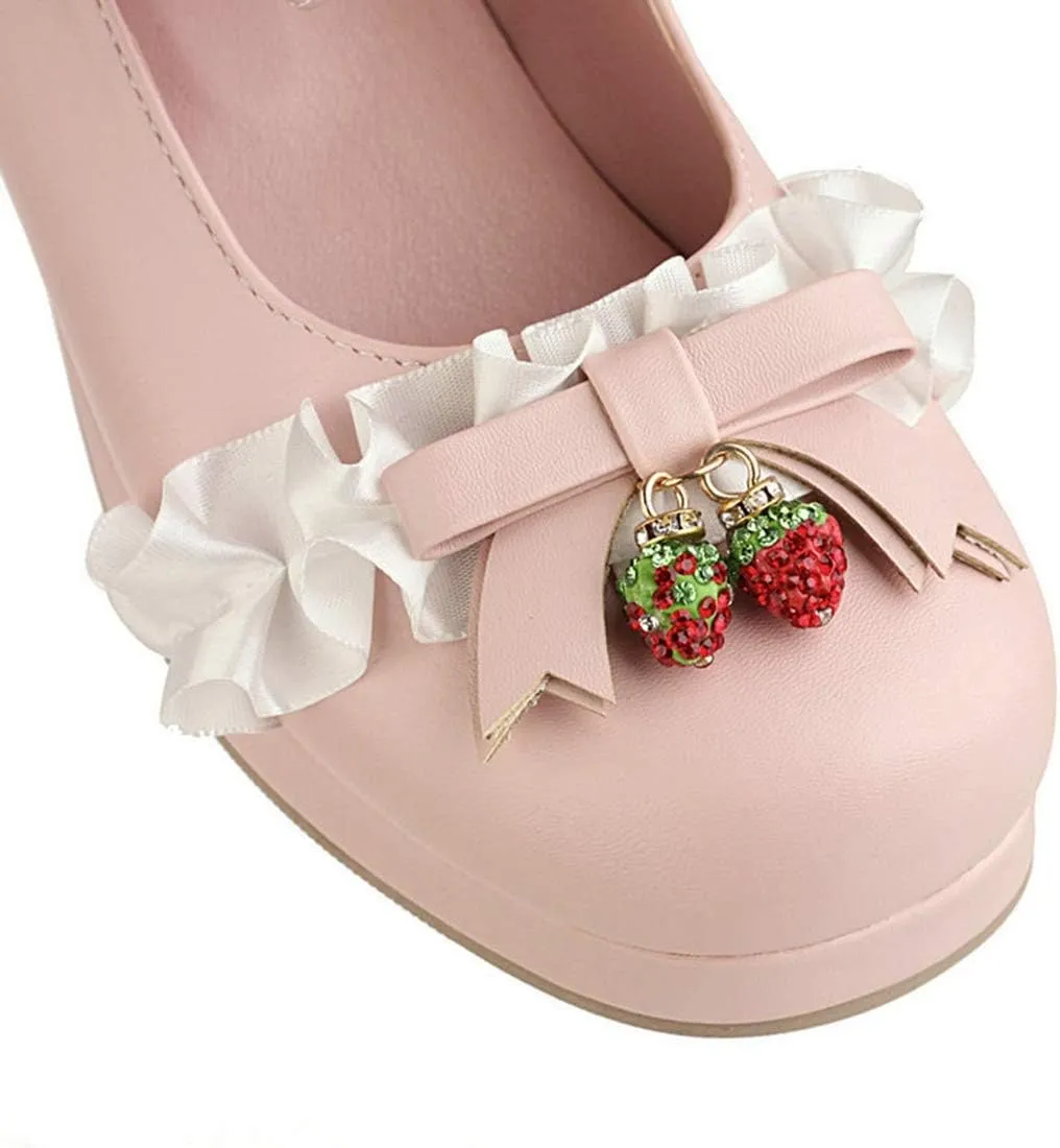 VOKLIN Women's Girls Lolita Mary Jane Shoes with Bow Ankle Strap Mid Heel Cosplay Princess Oxford Dress Pumps