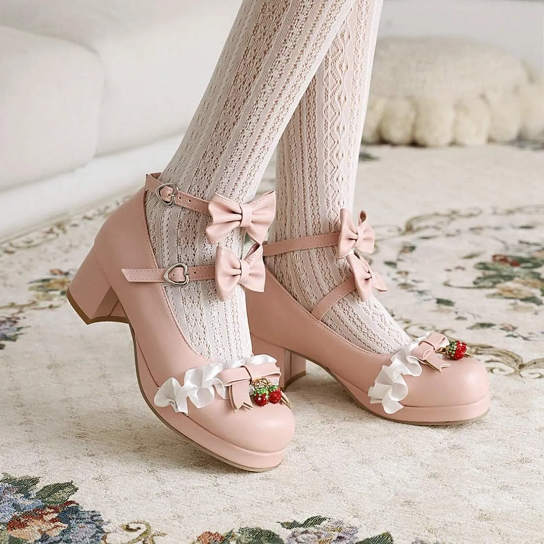 VOKLIN Women's Girls Lolita Mary Jane Shoes with Bow Ankle Strap Mid Heel Cosplay Princess Oxford Dress Pumps