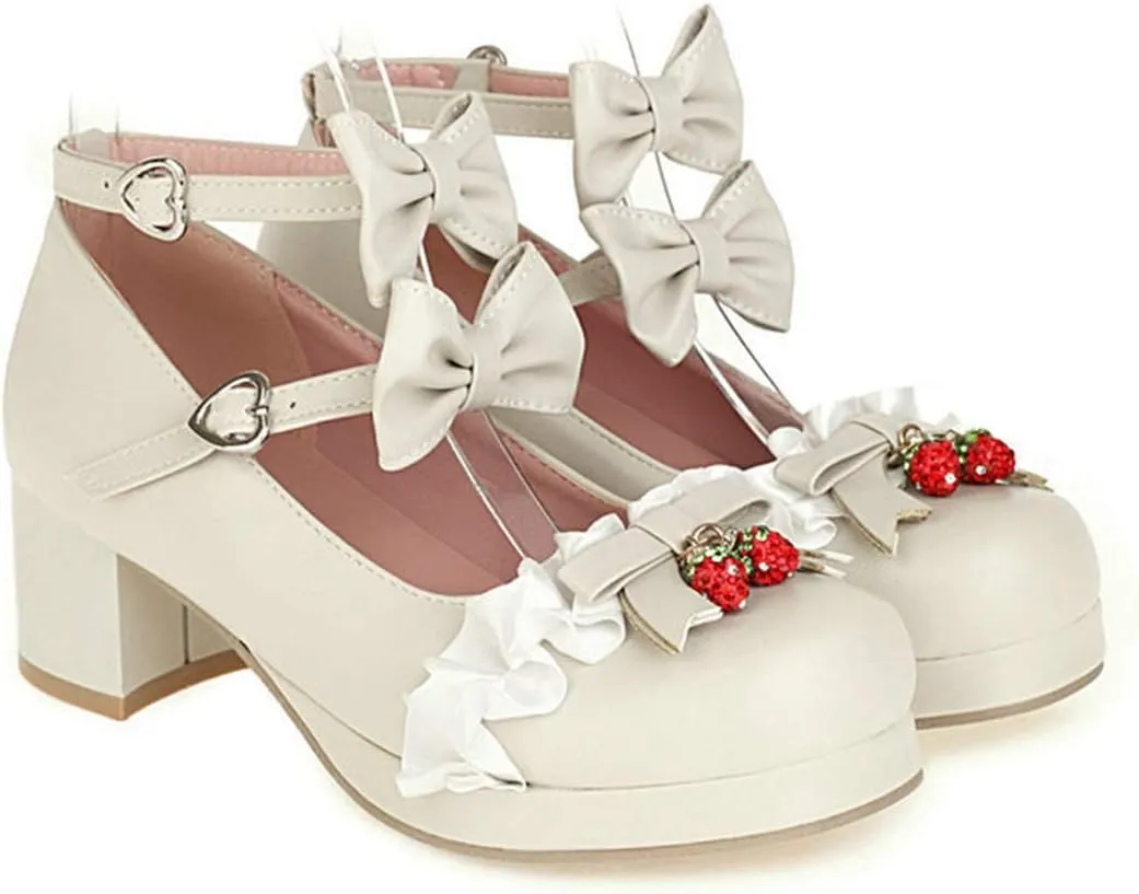 VOKLIN Women's Girls Lolita Mary Jane Shoes with Bow Ankle Strap Mid Heel Cosplay Princess Oxford Dress Pumps