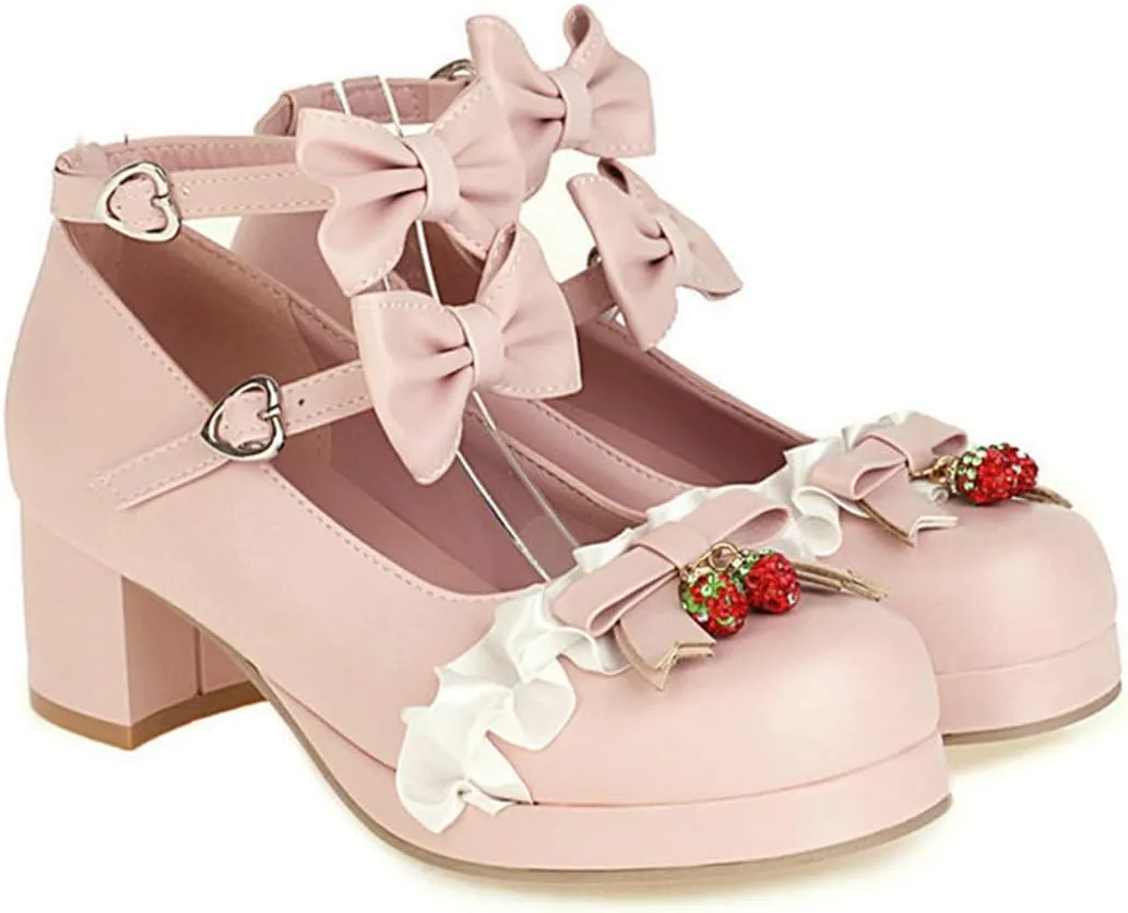 VOKLIN Women's Girls Lolita Mary Jane Shoes with Bow Ankle Strap Mid Heel Cosplay Princess Oxford Dress Pumps
