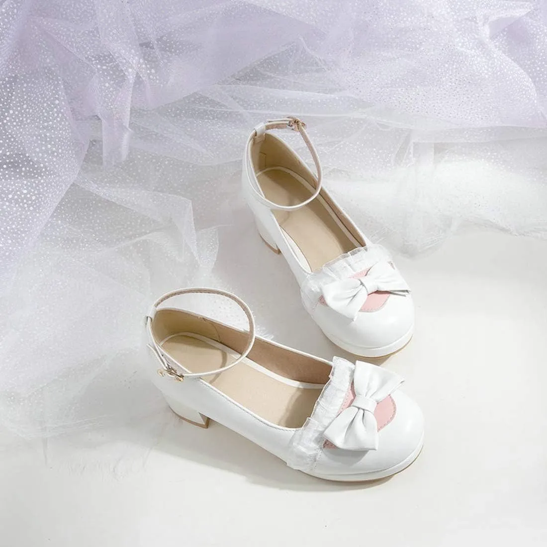 VOKLIN Women's Girls Lolita Mary Janes Pumps Cute Bow Ankle Strap Block Mid Heel Cosplay Oxford Dress Shoes