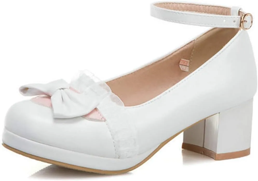 VOKLIN Women's Girls Lolita Mary Janes Pumps Cute Bow Ankle Strap Block Mid Heel Cosplay Oxford Dress Shoes