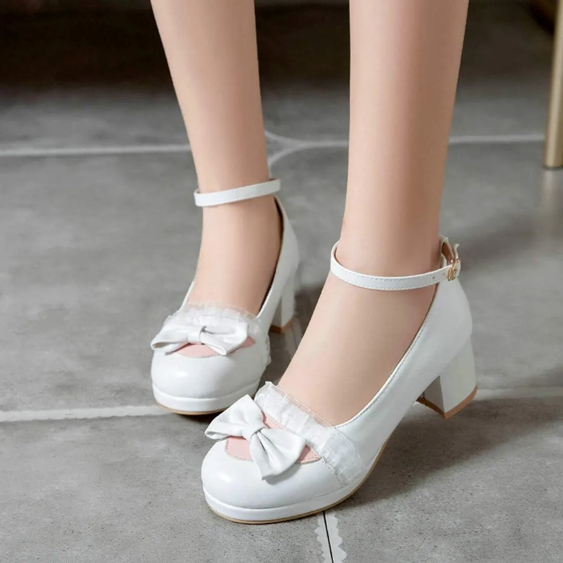 VOKLIN Women's Girls Lolita Mary Janes Pumps Cute Bow Ankle Strap Block Mid Heel Cosplay Oxford Dress Shoes