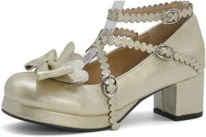 VOKLIN Women's Girls Lolita Mary Janes Pumps Princess Sweet Bow Cross Strap Block Mid Heel Oxford Dress Shoes