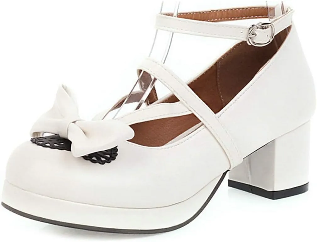 VOKLIN Women's Girls Lolita Mary Janes Pumps Sweet Bow Ankle Strap Platform Block Mid Heel Oxford Dress Shoes