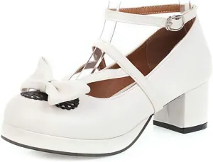 VOKLIN Women's Girls Lolita Mary Janes Pumps Sweet Bow Ankle Strap Platform Block Mid Heel Oxford Dress Shoes