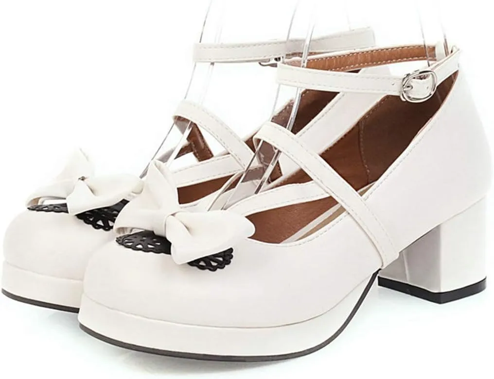 VOKLIN Women's Girls Lolita Mary Janes Pumps Sweet Bow Ankle Strap Platform Block Mid Heel Oxford Dress Shoes