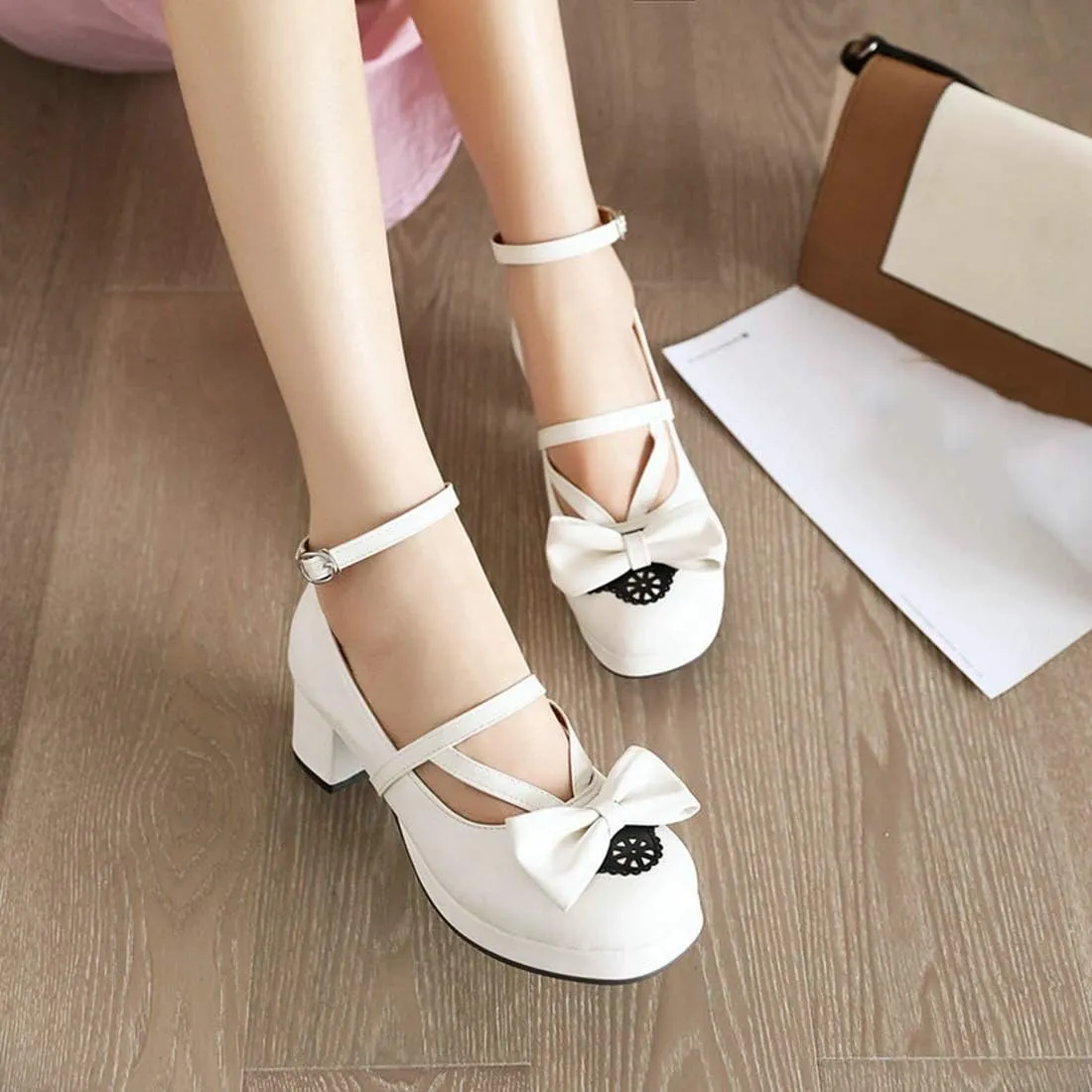 VOKLIN Women's Girls Lolita Mary Janes Pumps Sweet Bow Ankle Strap Platform Block Mid Heel Oxford Dress Shoes
