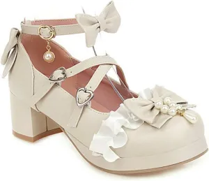 VOKLIN Women's Girls Lolita Mary Janes Pumps Sweet Bow Cross Ankle Strap Low Heels Cosplay Oxford Dress Shoes