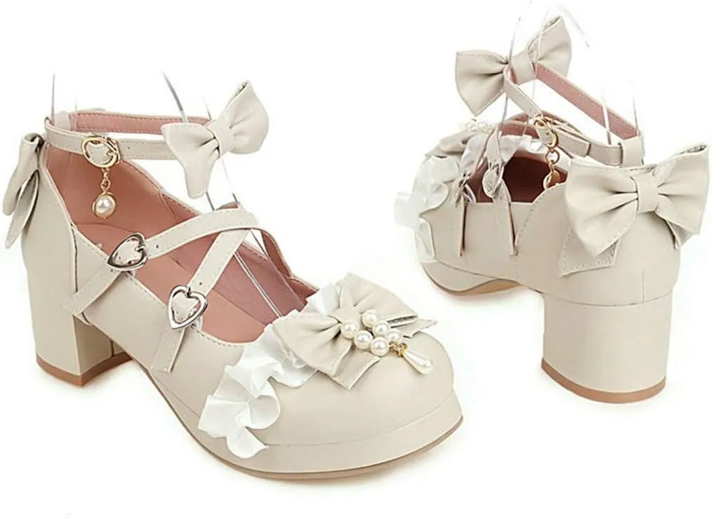 VOKLIN Women's Girls Lolita Mary Janes Pumps Sweet Bow Cross Ankle Strap Low Heels Cosplay Oxford Dress Shoes