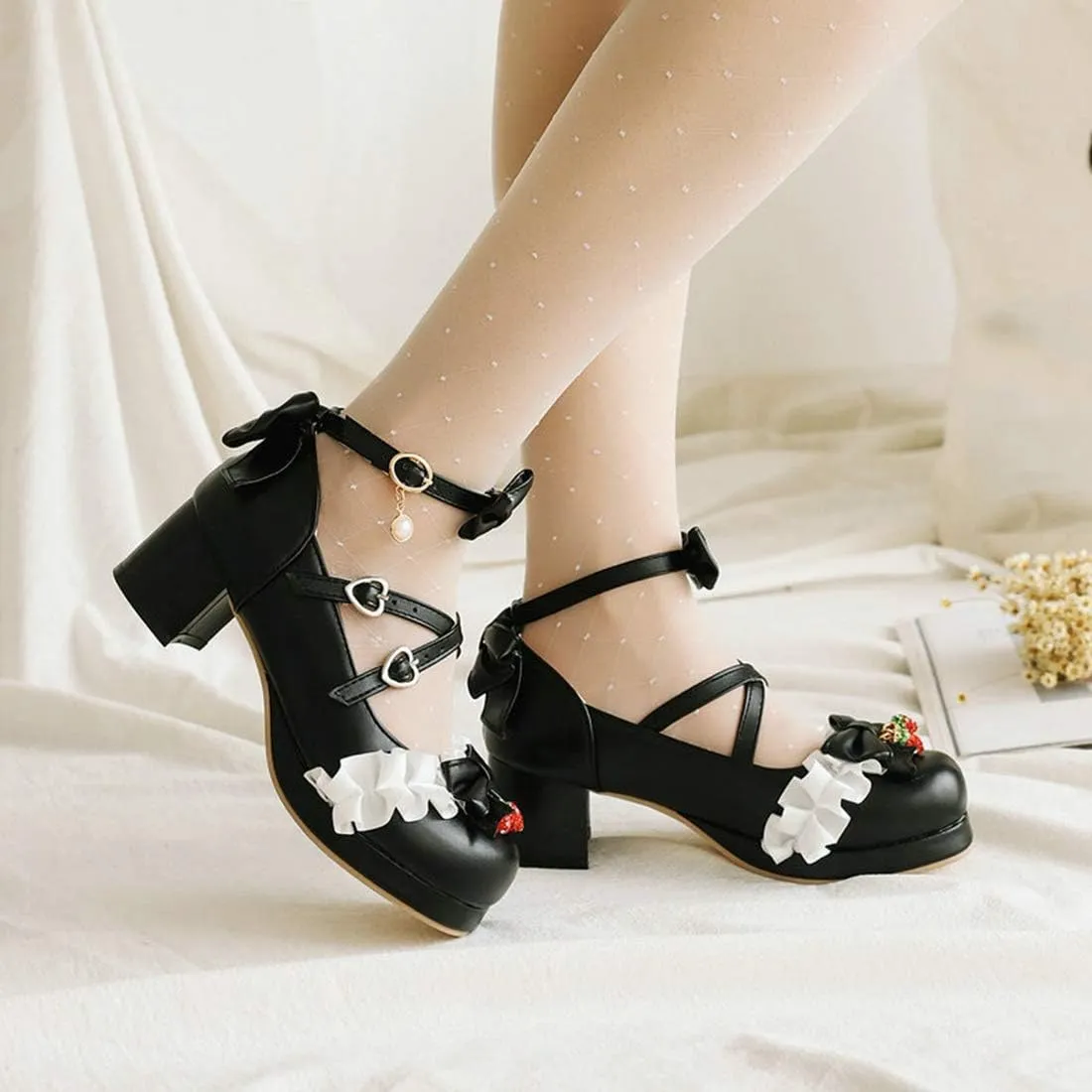 VOKLIN Women's Girls Lolita Mary Janes Pumps Sweet Bow Cross Ankle Strap Mid Heels Cosplay Oxford Dress Shoes