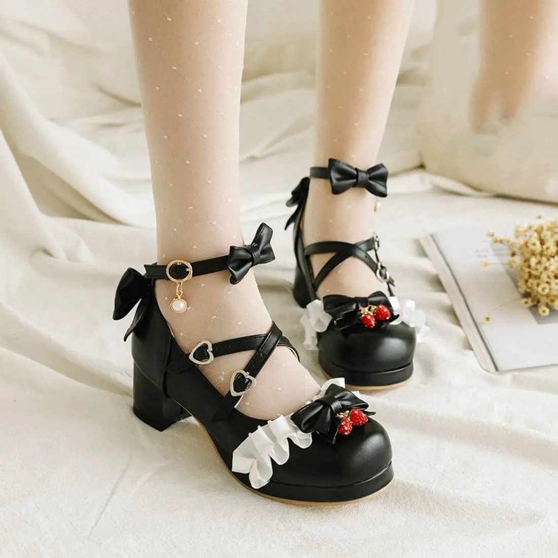 VOKLIN Women's Girls Lolita Mary Janes Pumps Sweet Bow Cross Ankle Strap Mid Heels Cosplay Oxford Dress Shoes