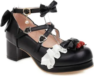 VOKLIN Women's Girls Lolita Mary Janes Pumps Sweet Bow Cross Ankle Strap Mid Heels Cosplay Oxford Dress Shoes