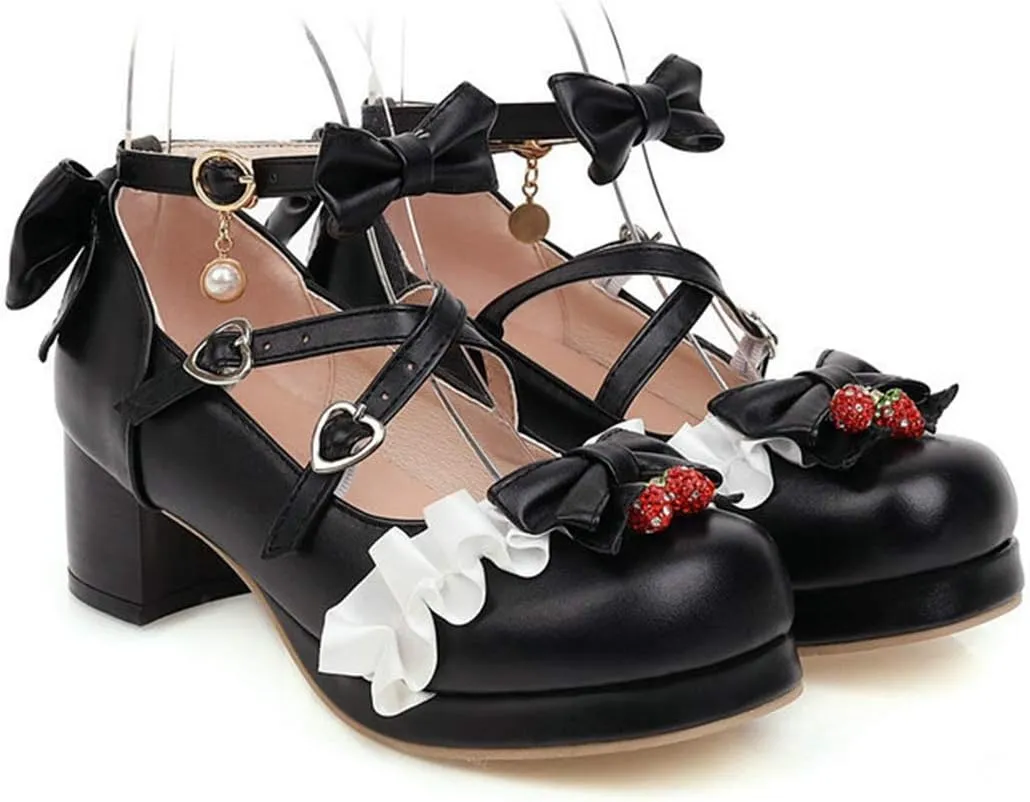 VOKLIN Women's Girls Lolita Mary Janes Pumps Sweet Bow Cross Ankle Strap Mid Heels Cosplay Oxford Dress Shoes