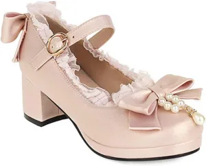 VOKLIN Women's Girls Lolita Mary Janes Pumps Sweet Bow Lace Ankle Strap Low Heels Princess Oxford Dress Shoes