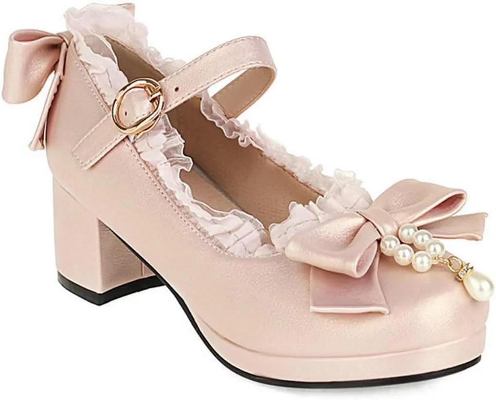 VOKLIN Women's Girls Lolita Mary Janes Pumps Sweet Bow Lace Ankle Strap Low Heels Princess Oxford Dress Shoes