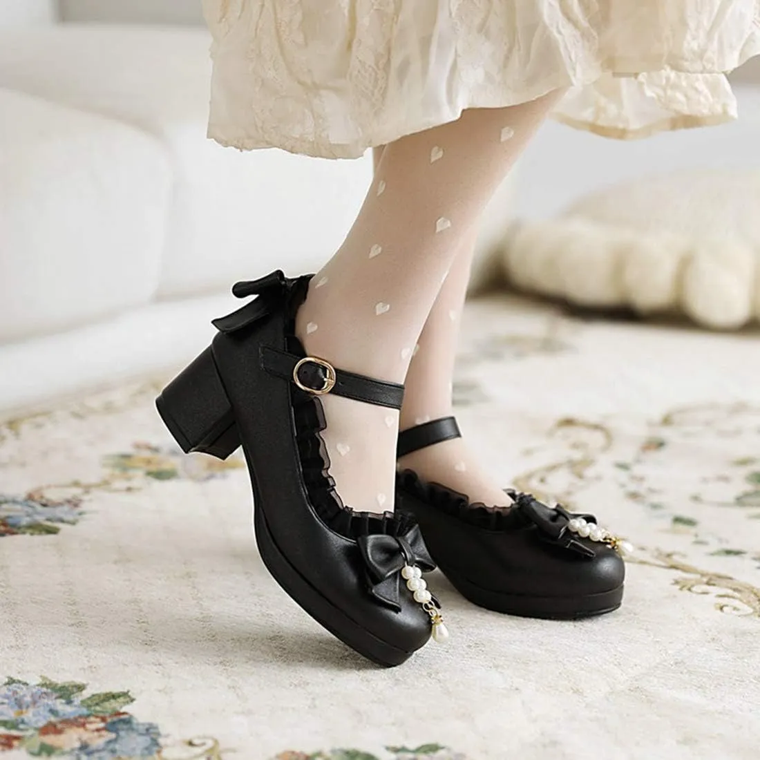 VOKLIN Women's Girls Lolita Mary Janes Pumps Sweet Bow Lace Ankle Strap Low Heels Princess Oxford Dress Shoes